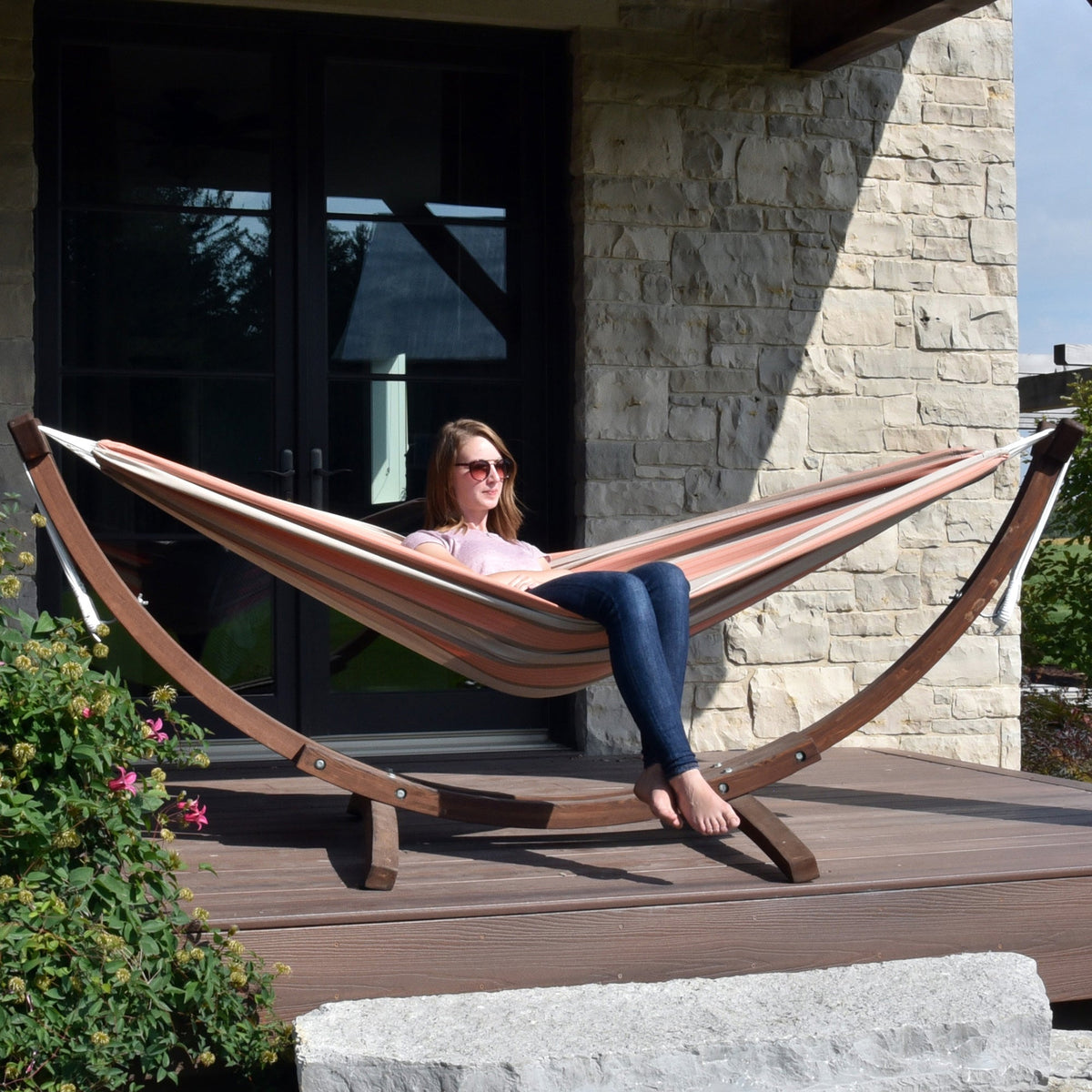 Vivere Double Sunbrella Hammock with Solid Pine Stand (260cm) - Cameo