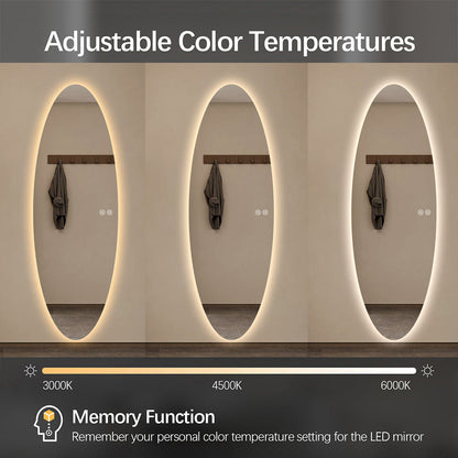 Modern Oval Glow LED Mirror 50cm × 150cm Frameless Tricolour Dimmable Wall Mounted Mirror