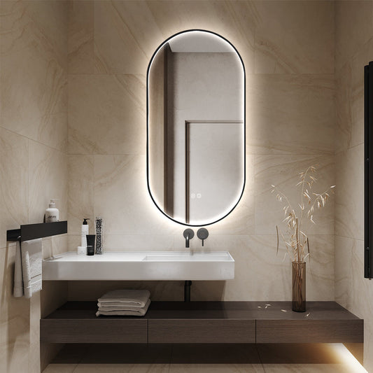 Oval LED Bathroom Mirror 50cm x 100cm Frontlit Black Frame Defogger Dimmable