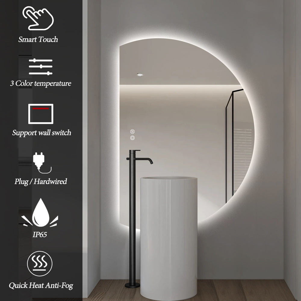 Left Cut Moon LED Mirror 77cm x 110cm Frameless Backlit Wall Mirror