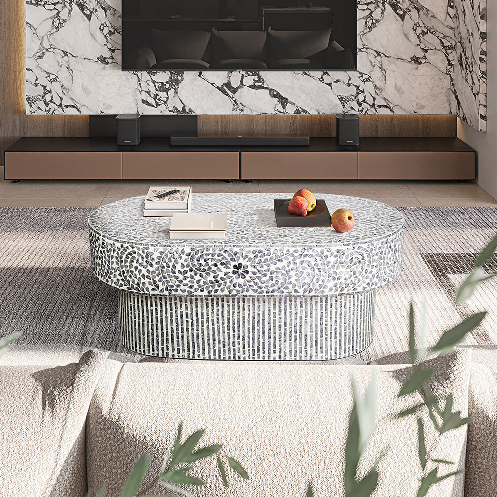 Daphne Black and White Floral Shell Inlay Coffee Table 104cm
