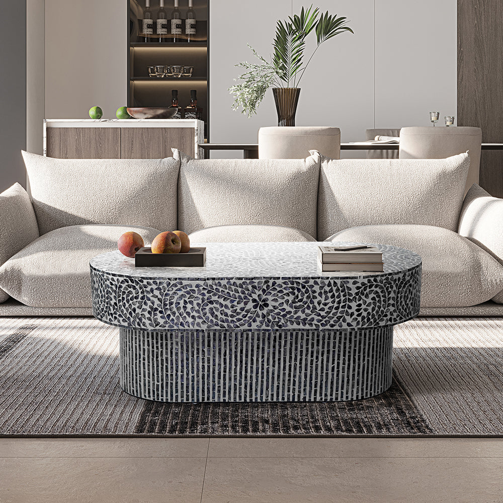 Daphne Black and White Floral Shell Inlay Coffee Table 104cm