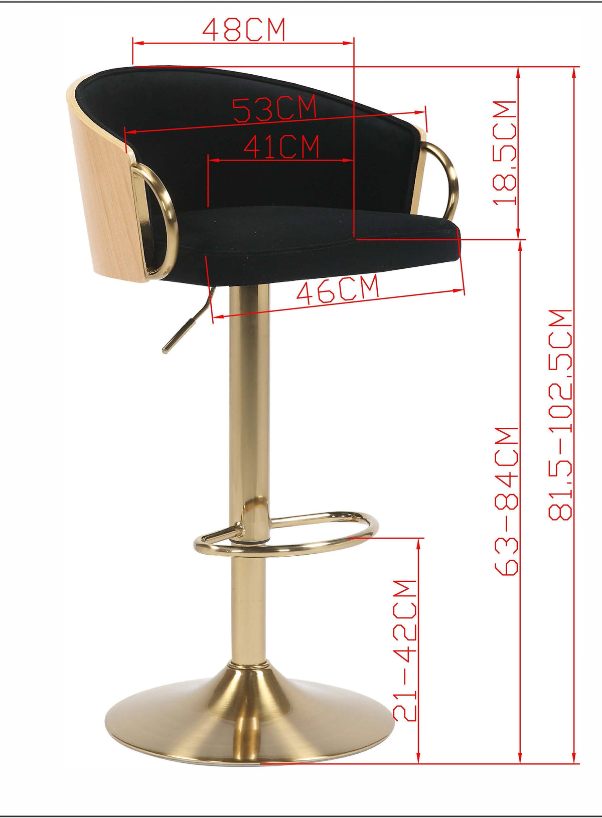 Darcy Black Velvet Gold Gas Lift Bar Stool 62-82cm