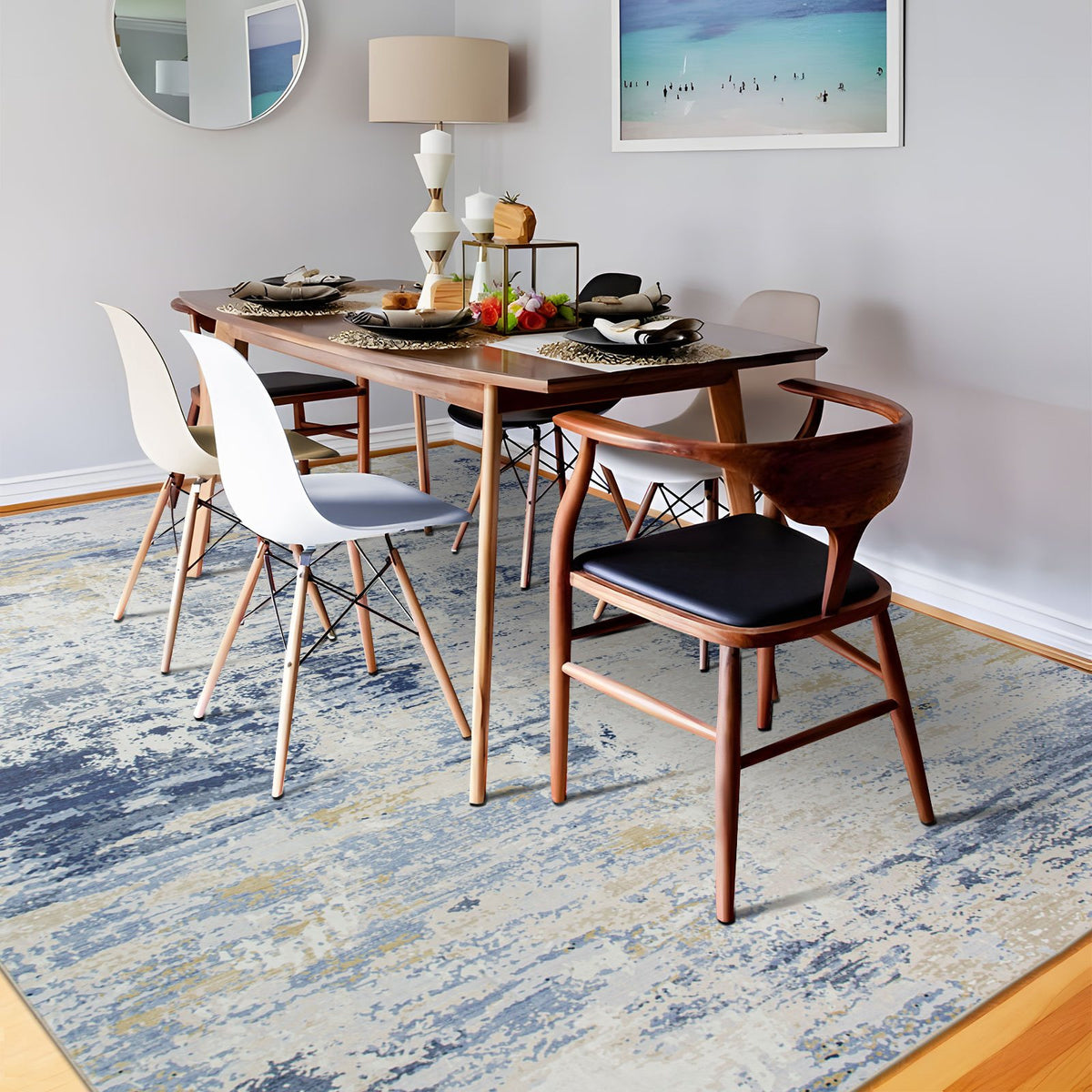 Delicacy Abstract Coastal Washable Rug - Blue & Sandy Beige