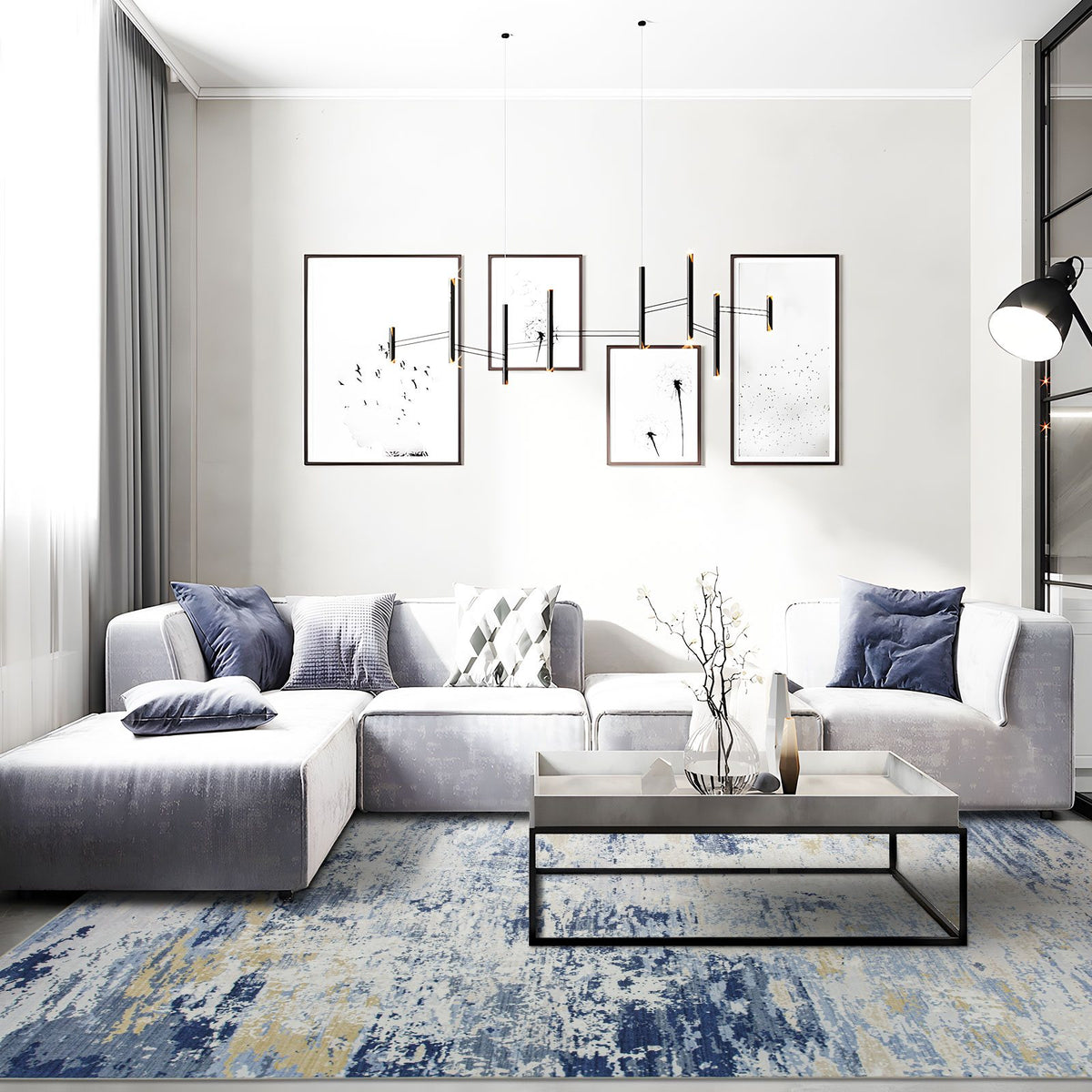 Delicacy Abstract Coastal Washable Rug - Blue & Sandy Beige