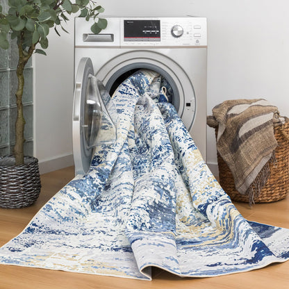 Delicacy Abstract Coastal Washable Rug - Blue & Sandy Beige