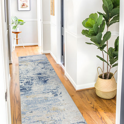 Delicacy Abstract Coastal Washable Rug - Blue & Sandy Beige