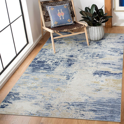 Delicacy Abstract Coastal Washable Rug - Blue & Sandy Beige