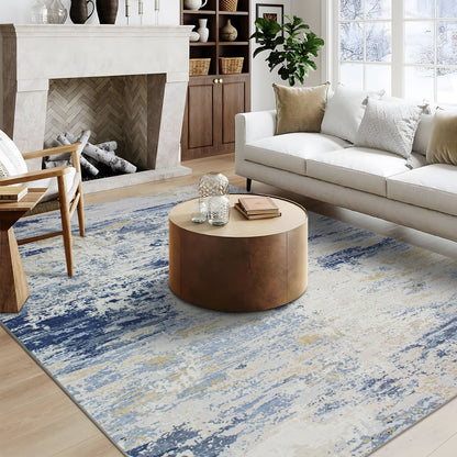 Delicacy Abstract Coastal Washable Rug - Blue & Sandy Beige