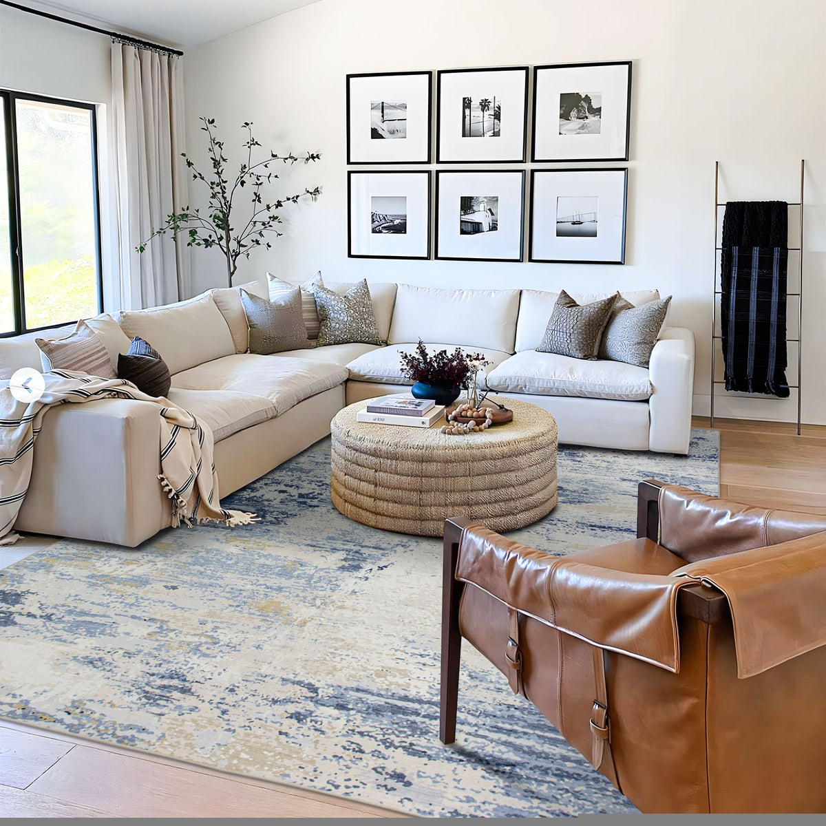 Delicacy Abstract Coastal Washable Rug - Blue & Sandy Beige
