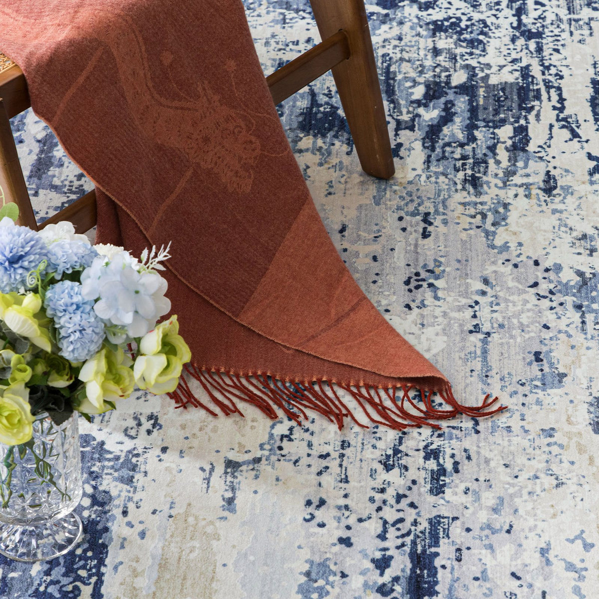 Delicacy Abstract Coastal Washable Rug - Blue & Sandy Beige