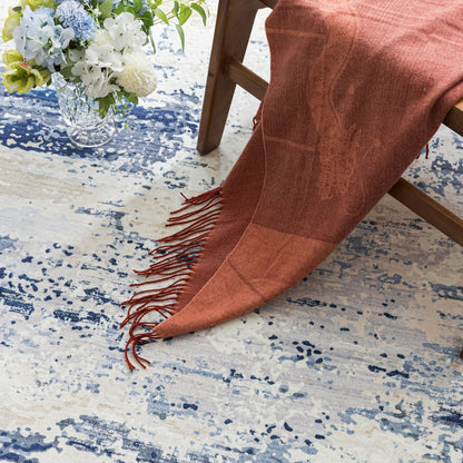 Delicacy Abstract Coastal Washable Rug - Blue & Sandy Beige