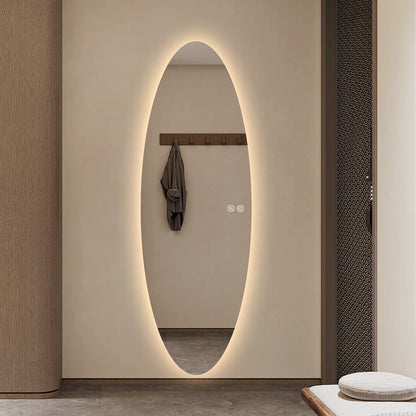 Modern Oval Glow LED Mirror 50cm × 150cm Frameless Tricolour Dimmable Wall Mounted Mirror