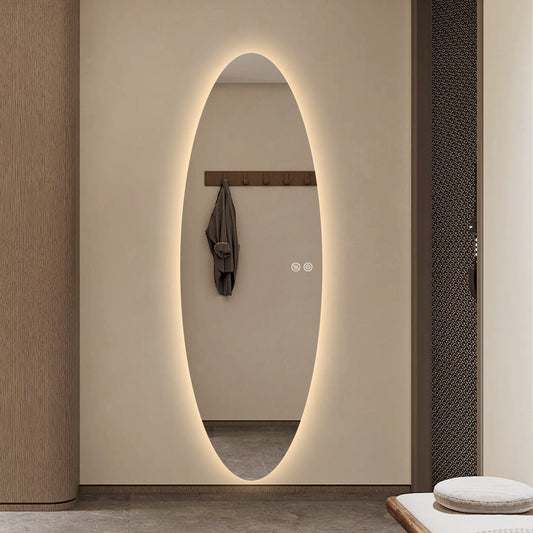 Modern Oval Glow LED Mirror 50cm × 150cm Frameless Tricolour Dimmable Wall Mounted Mirror