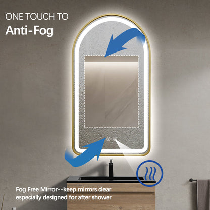 Arched LED Gold Frame Wall Mirror 100cm x 75cm Frosted Defogger Dimmable Vanity