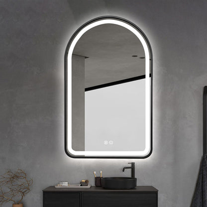 Arched LED Black Frame Wall Mirror 90cm x 50cm Frosted Dimmable Vanity Defogger