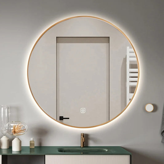 Round LED Mirror 90cm Gold Framed Backlit Defogger Dimmable