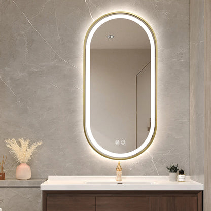 Gold Oval LED Bathroom 130cm x 70cm Frosted Edge Defogger Dimmable Wall Mirror