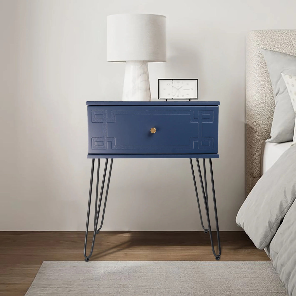 Ashe (Pattern) Bedside Table Navy Blue 61cm - Image 3