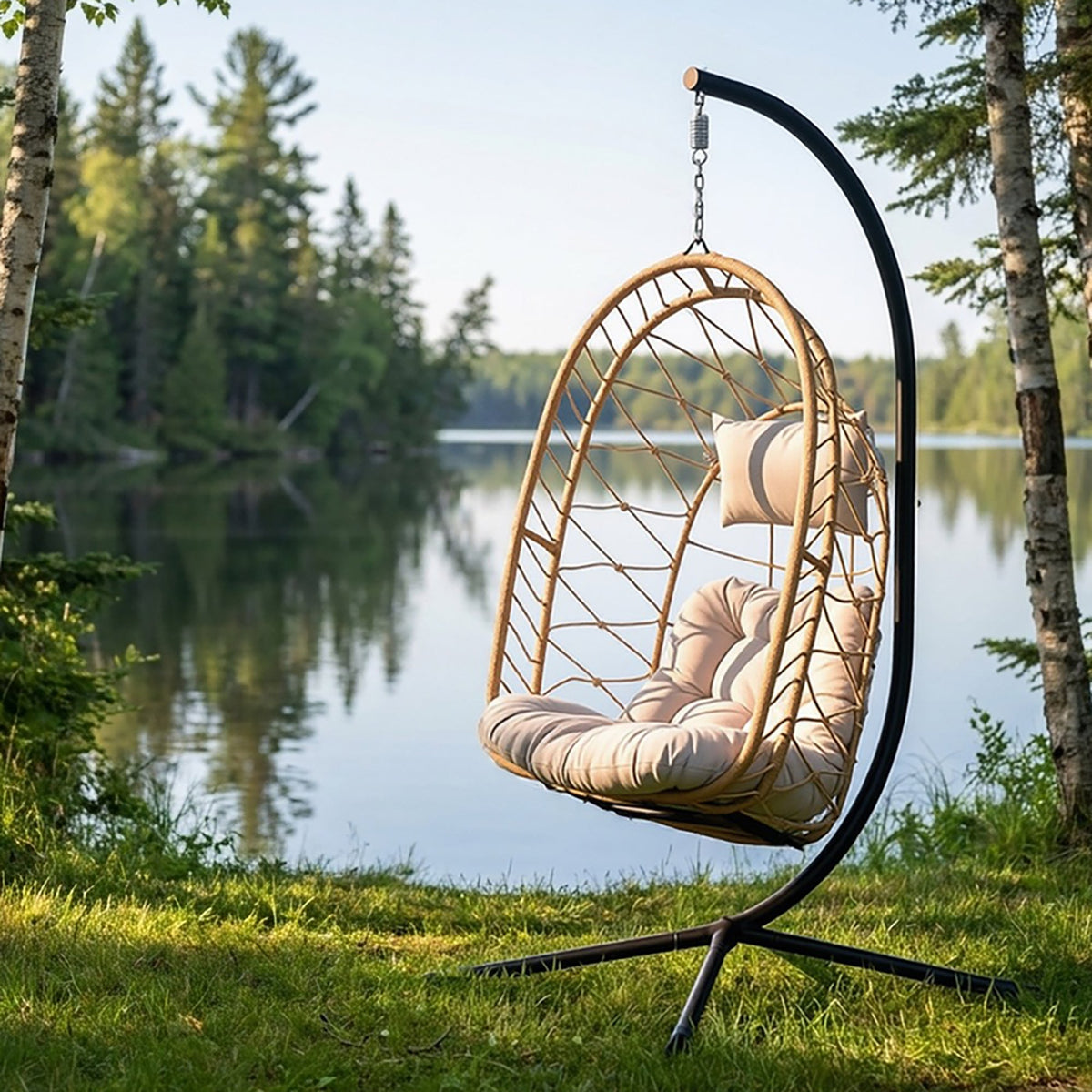 Vivere Deluxe Nest Chair with Phifer Geobella Cushion & Steel Stand - Cappuccino