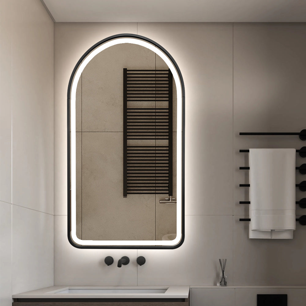 Arched LED Black Frame Wall Mirror 100cm x 75cm Frosted Dimmable Vanity Defogger