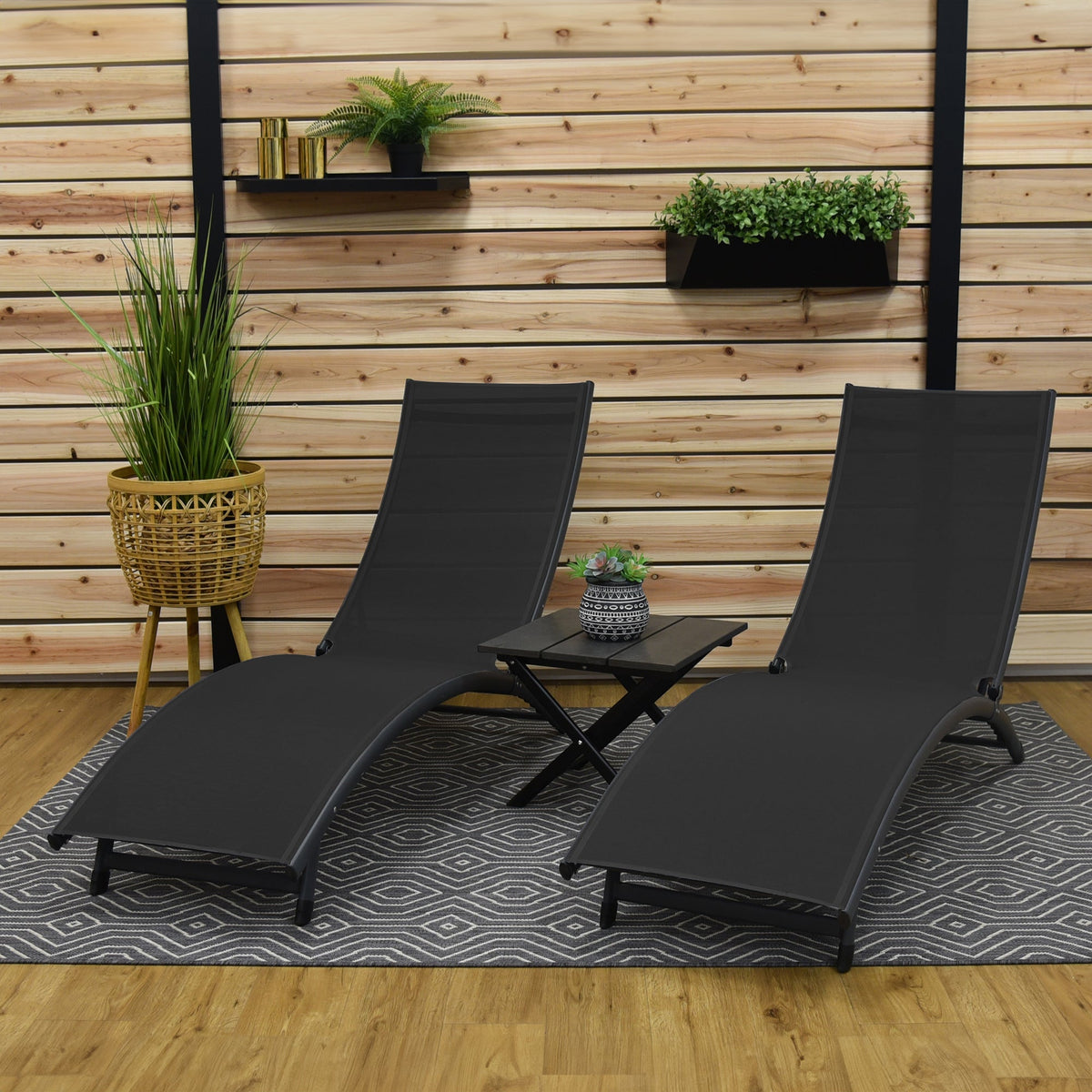 Vivere Coral Springs Phifer & Aluminum Pool Lounger Set (3pc) - Charcoal Black