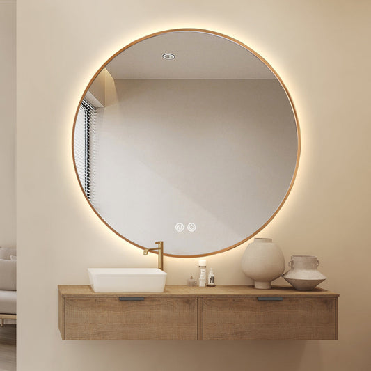 Round LED Mirror 90cm Gold Framed Backlit Defogger Dimmable