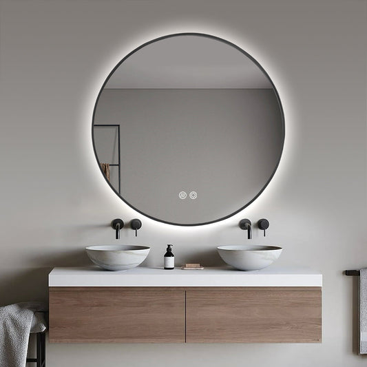 Round LED Mirror 90cm Black Framed Backlit Defogger Dimmable