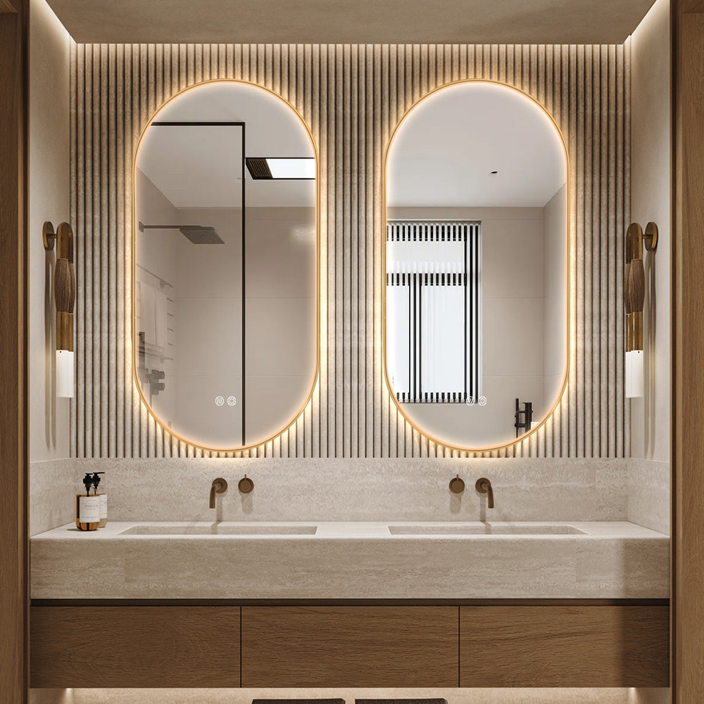 Oval LED Bathroom Mirror 50cm x 100cm Frontlit Gold Frame Defogger Dimmable