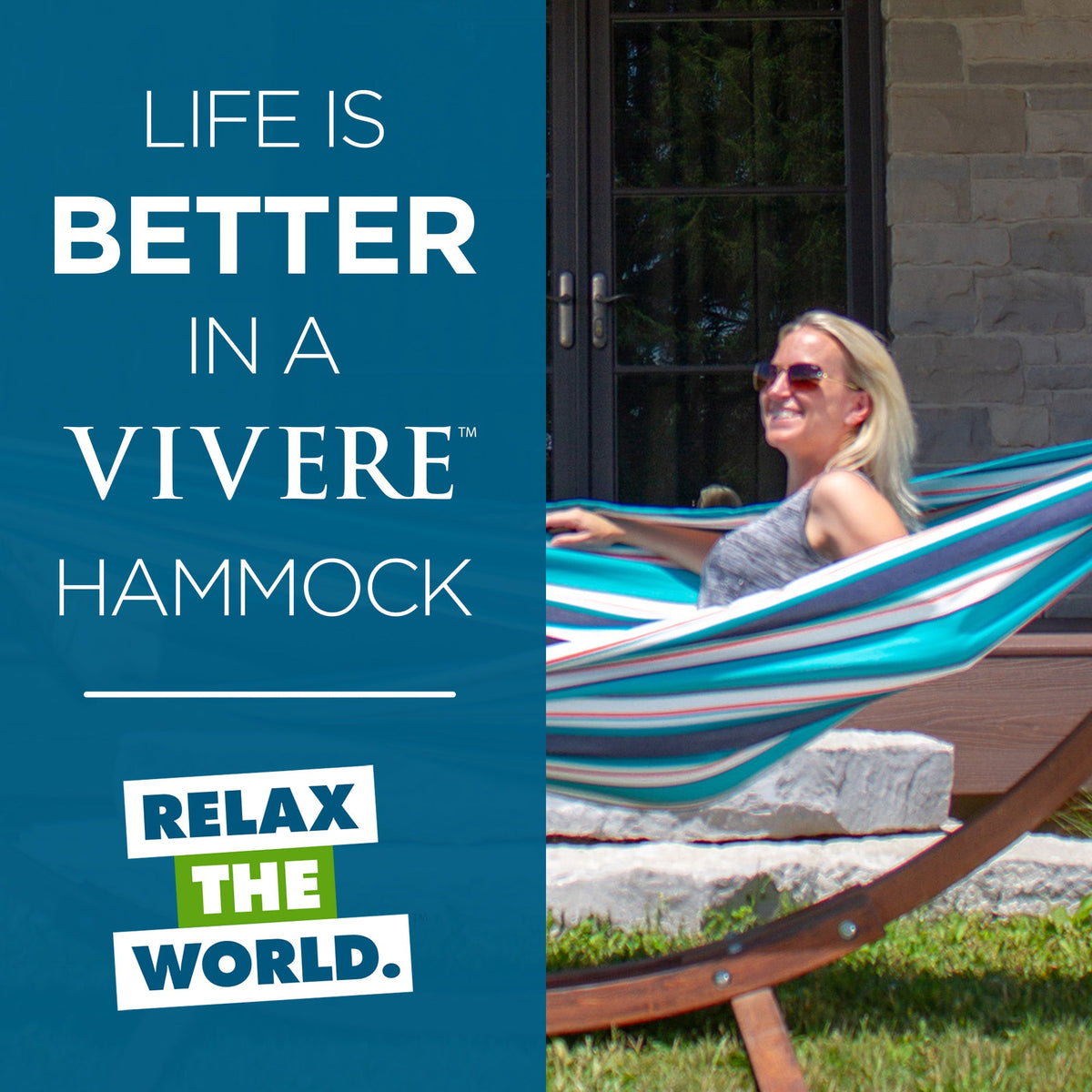Vivere Double Sunbrella Hammock with Solid Pine Stand (260cm) - Token Surfside