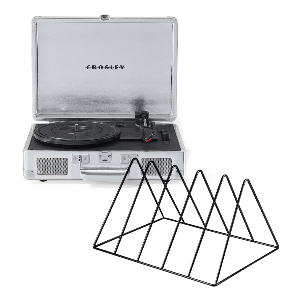 Crosley Cruiser Bluetooth Portable Turntable - Silver + Gadhouse Vinyl Rack Bundle - Black