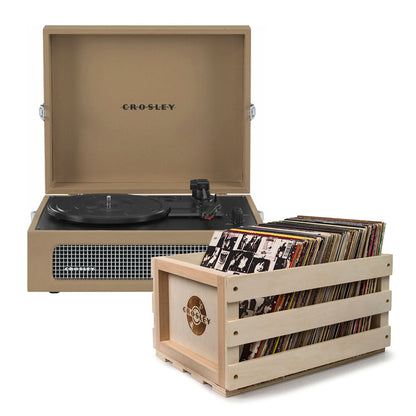 Crosley Voyager Bluetooth Portable Turntable + Bundled Record Storage Crate - Tan