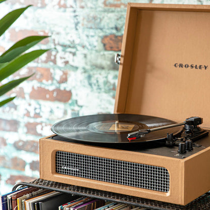Crosley Voyager Bluetooth Portable Turntable + Bundled Crosley Record Storage Display Stand - Tan