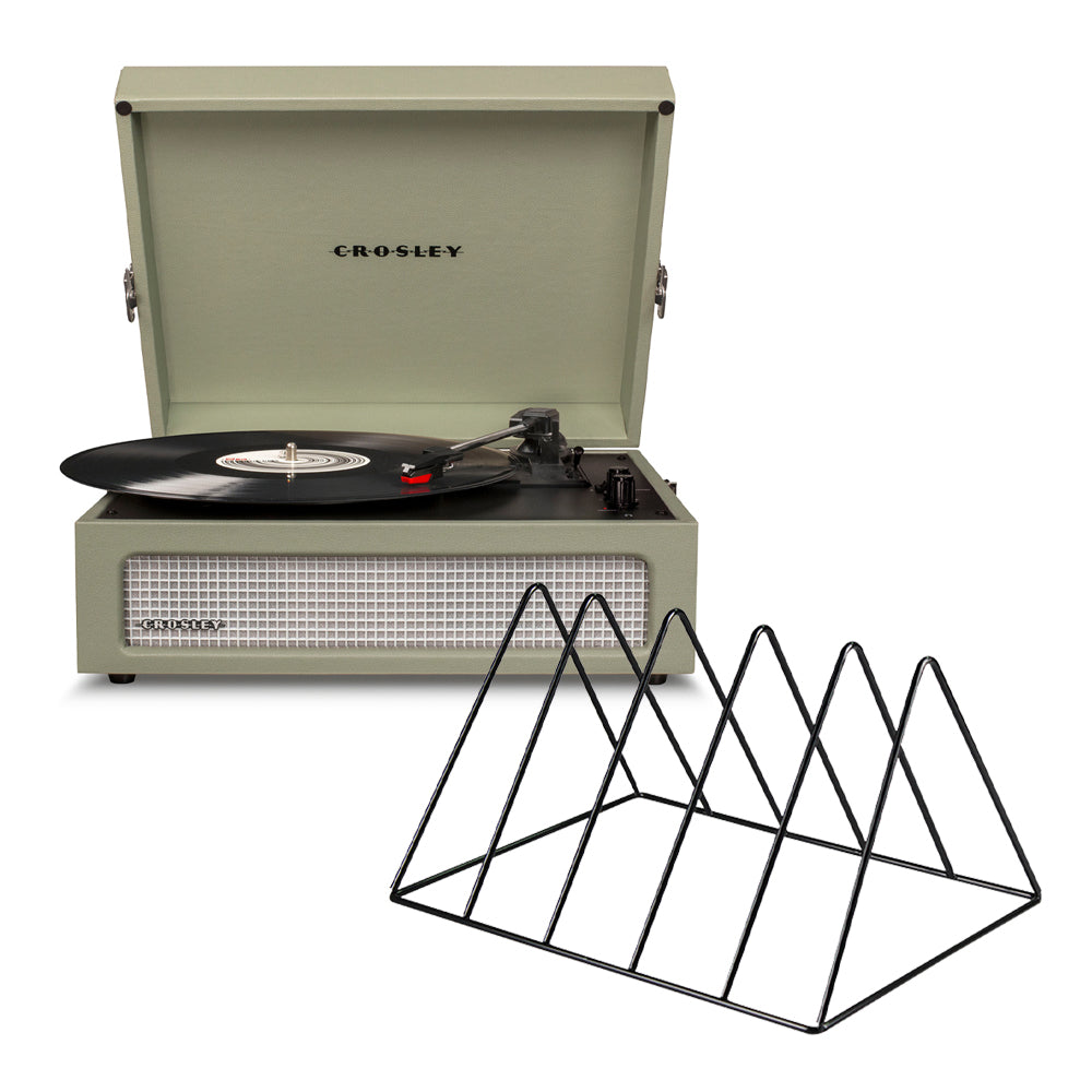 Crosley Voyager Bluetooth Portable Turntable - Sage + Gadhouse Vinyl Rack Bundle - Black