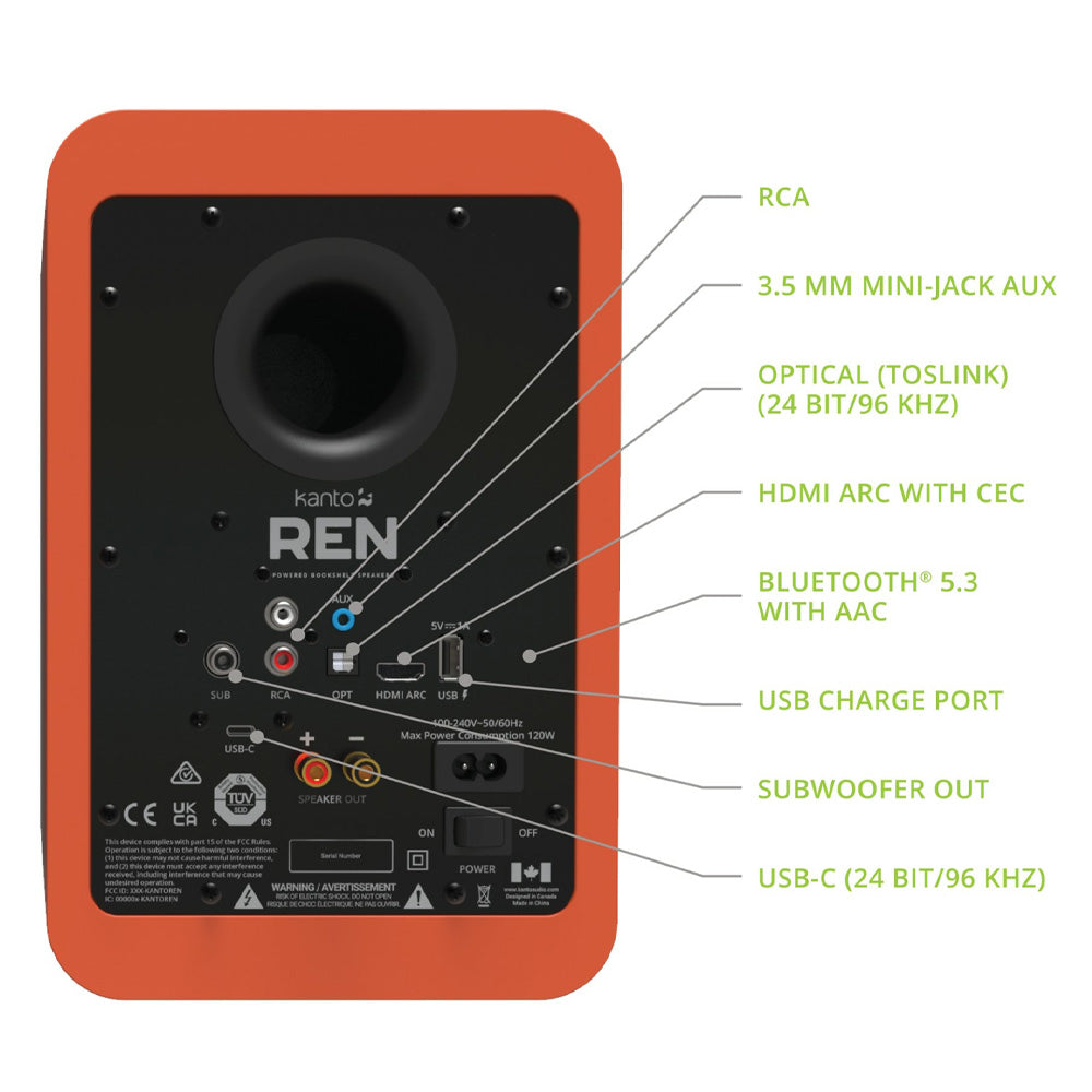 Kanto REN 200W Powered Bookshelf Speakers with HDMI ARC, USB-C, and Bluetooth 5.3 - Matte Orange, Pair