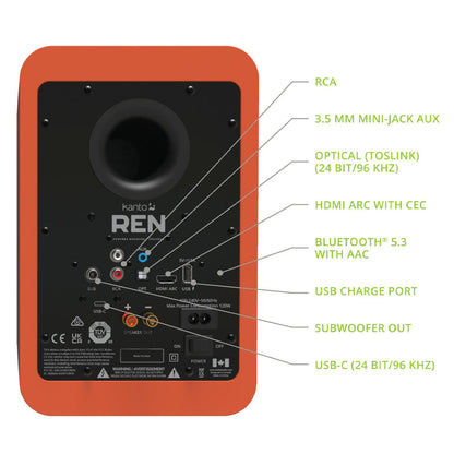 Kanto REN 200W Powered Bookshelf Speakers with HDMI ARC, USB-C, and Bluetooth 5.3 - Matte Orange, Pair