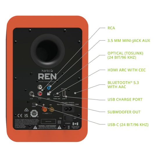 Kanto REN 200W Powered Bookshelf Speakers with HDMI ARC, USB-C, and Bluetooth 5.3 - Matte Orange, Pair
