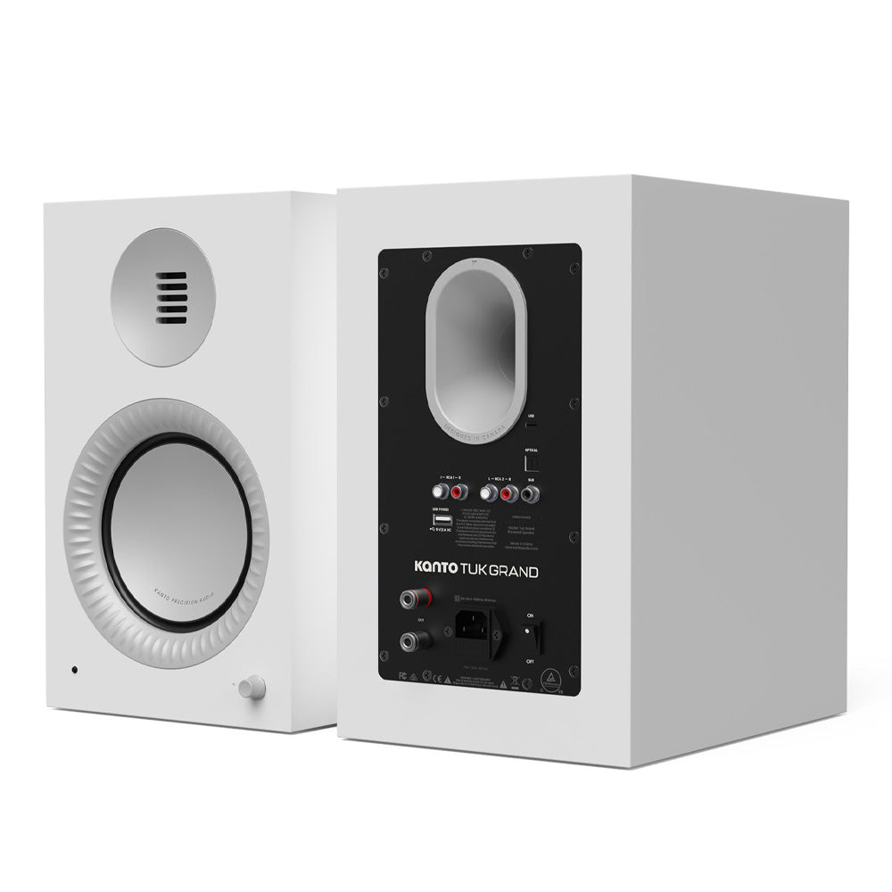 Kanto TUK (2nd Gen) Grand 320 W Premium Powered Speaker System with Bluetooth 5.4, Dual RCA and USB-C Inputs, Matte White w/ Aluminum