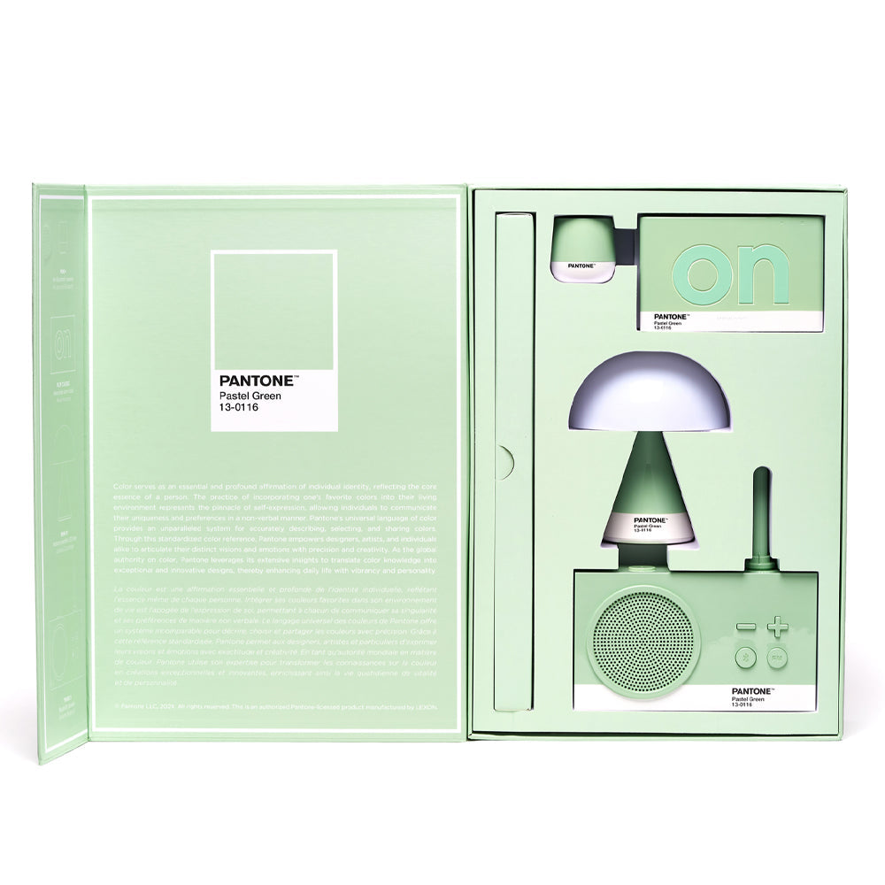 Lexon GIFT Set PANTONE - Includes Mino+ Mini Speaker, Flip Classic Clock, Mina M Lamp, Thykho 3  Speaker - Green