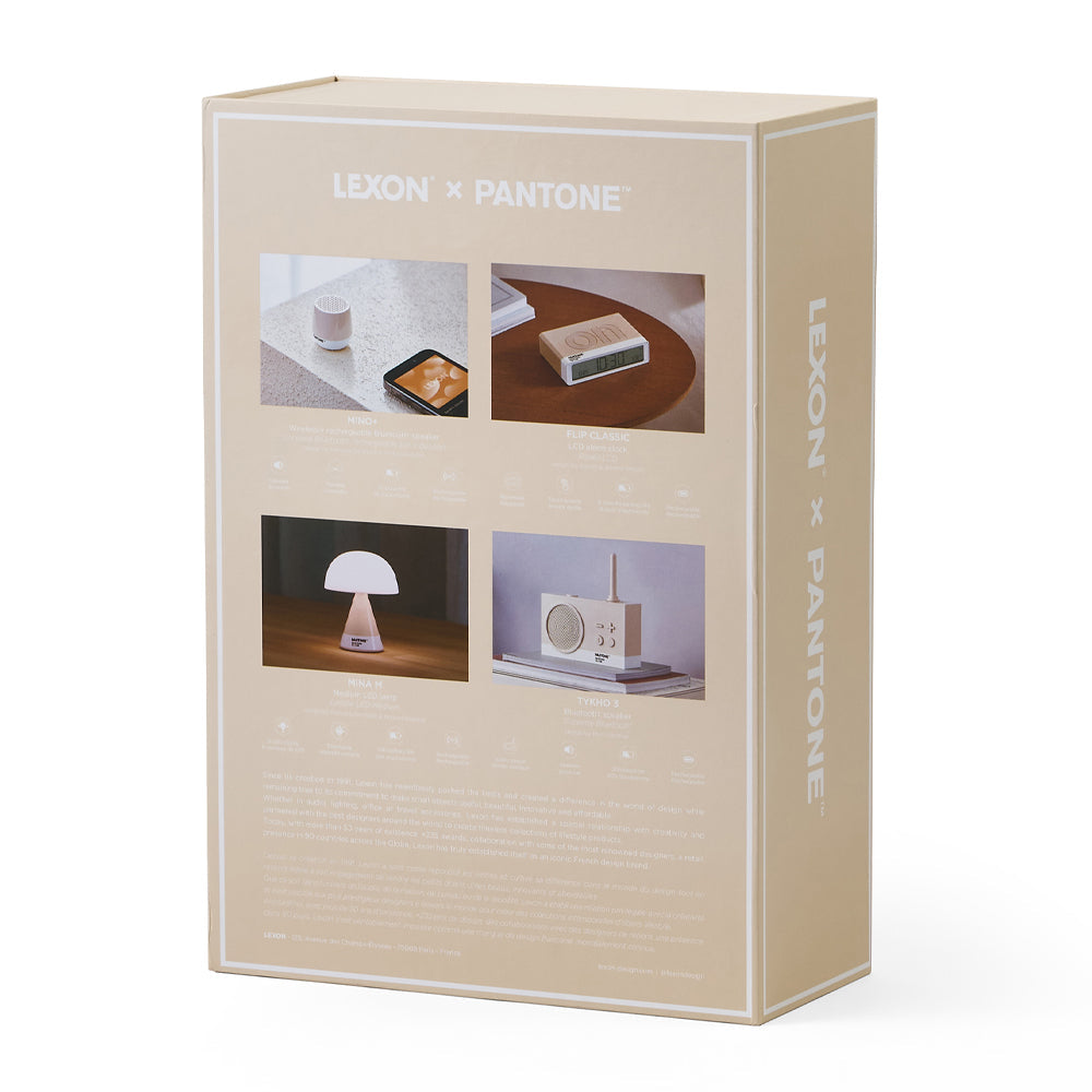 Lexon GIFT Set PANTONE - Includes Mino+ Mini Speaker, Flip Classic Clock, Mina M Lamp, Thykho 3  Speaker - Sand