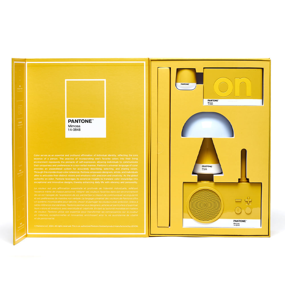 Lexon GIFT Set PANTONE - Includes Mino+ Mini Speaker, Flip Classic Clock, Mina M Lamp, Thykho 3  Speaker - Yellow