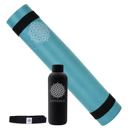 Mandala Yoga Mat Premium Bundle, Includes Yoga Mat 188cm H x 61cm W, Yoga Strap & Steel Hydration Bottle - Teal