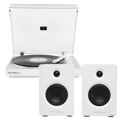 Victrola Automatic Turntable + Victrola Tempo Bookshelf Speakers Bundle - White