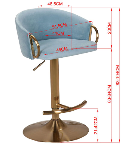 Keira Blue Velvet Gold Swivel Gas Lift Bar Stool