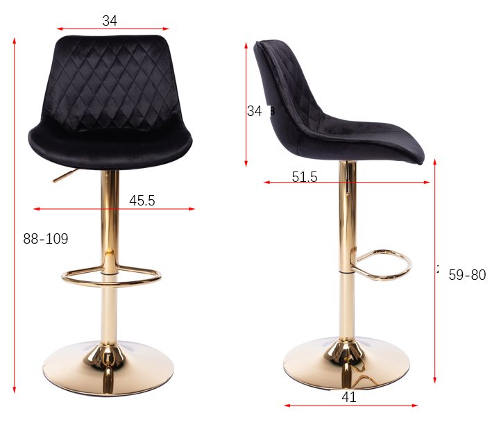 Kiara Black Velvet Gold Swivel Gas Lift Bar Stool