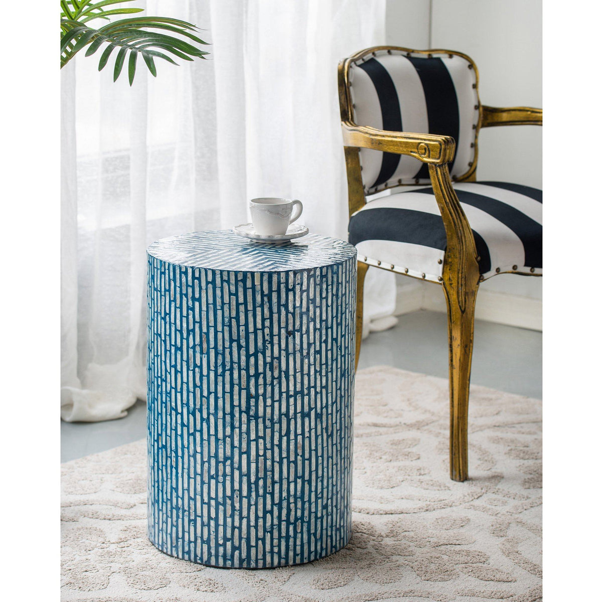 Leander White Shell Inlay Stool Side Table 50cm