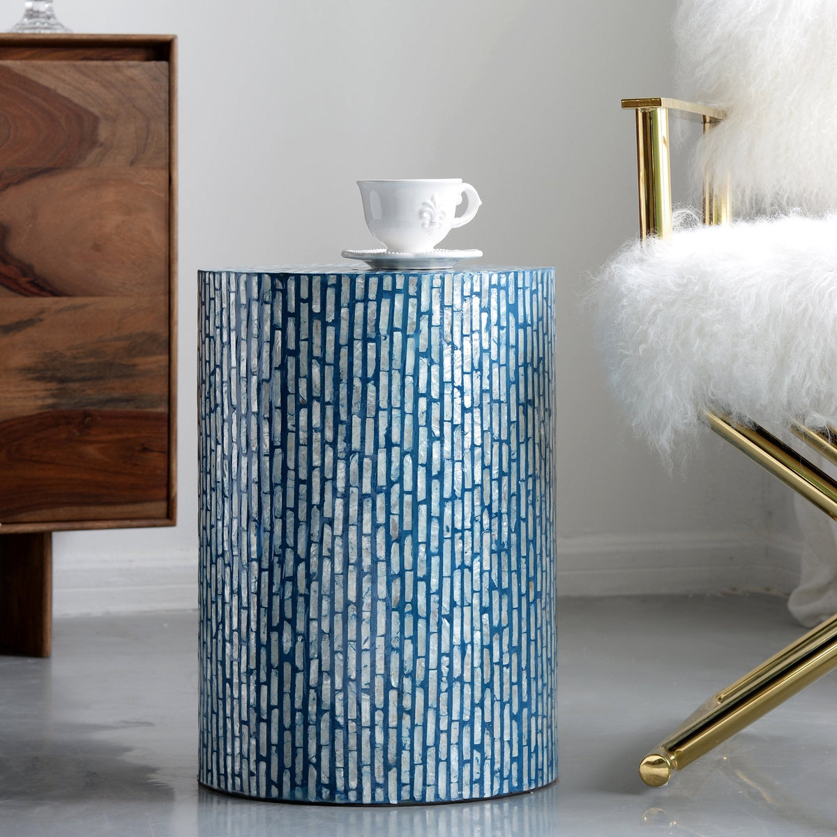 Leander White Shell Inlay Stool Side Table 50cm