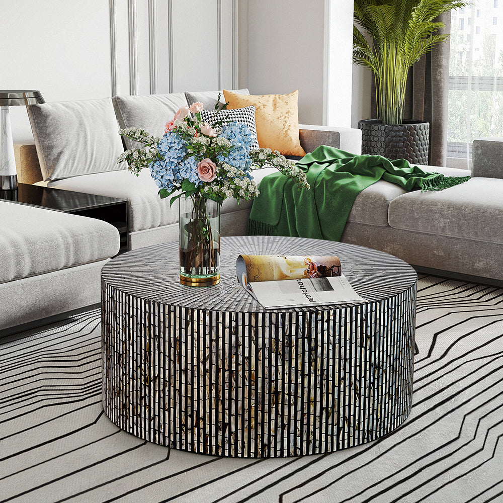 Lisette Round Black and White Shell Inlay Coffee Table 92cm