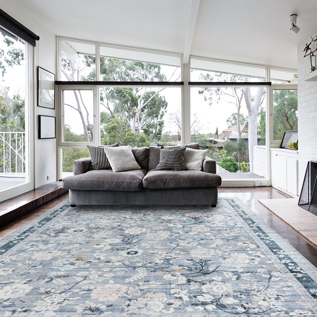 Lizzie Botanical Washable Rug - Sky Blue