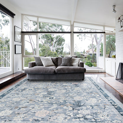 Lizzie Botanical Washable Rug - Sky Blue